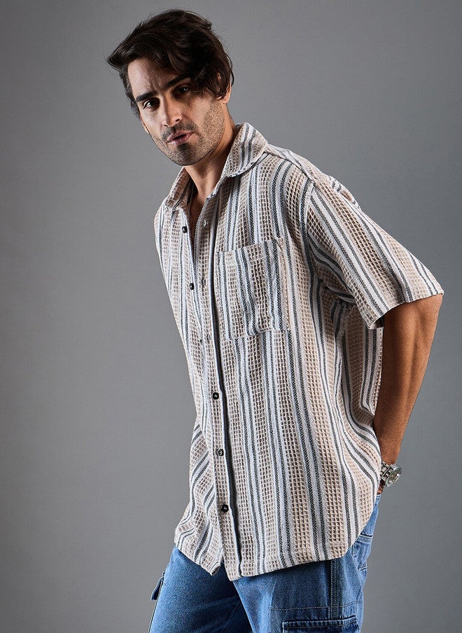 CHIMPAAANZEE Oversized Vertical Striped Spread Collar Casual Shirt - Image 5